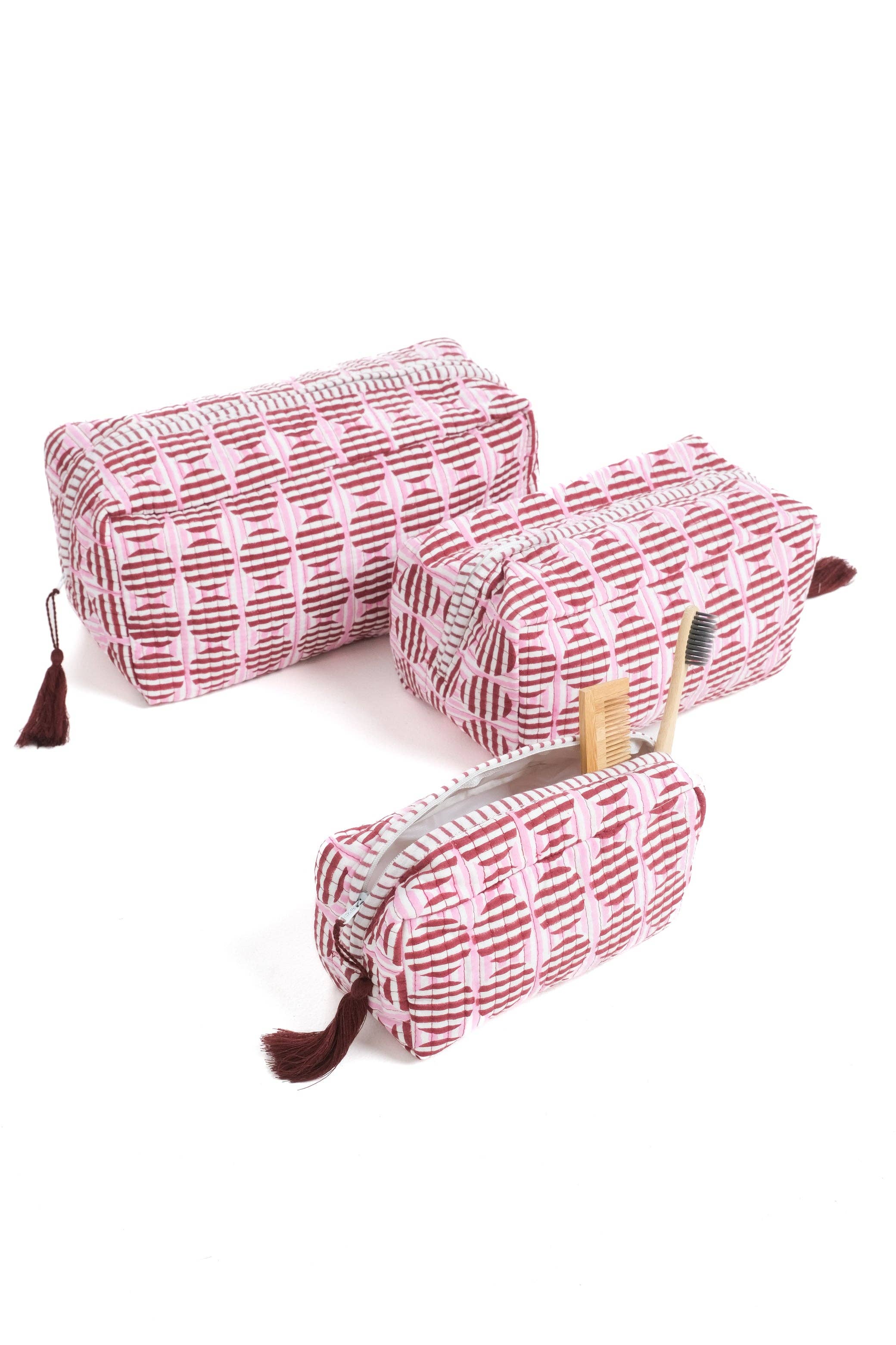 (Available 12/1) Striped Circles Blockprint Makeup Bag in Burgundy and Pink: Small