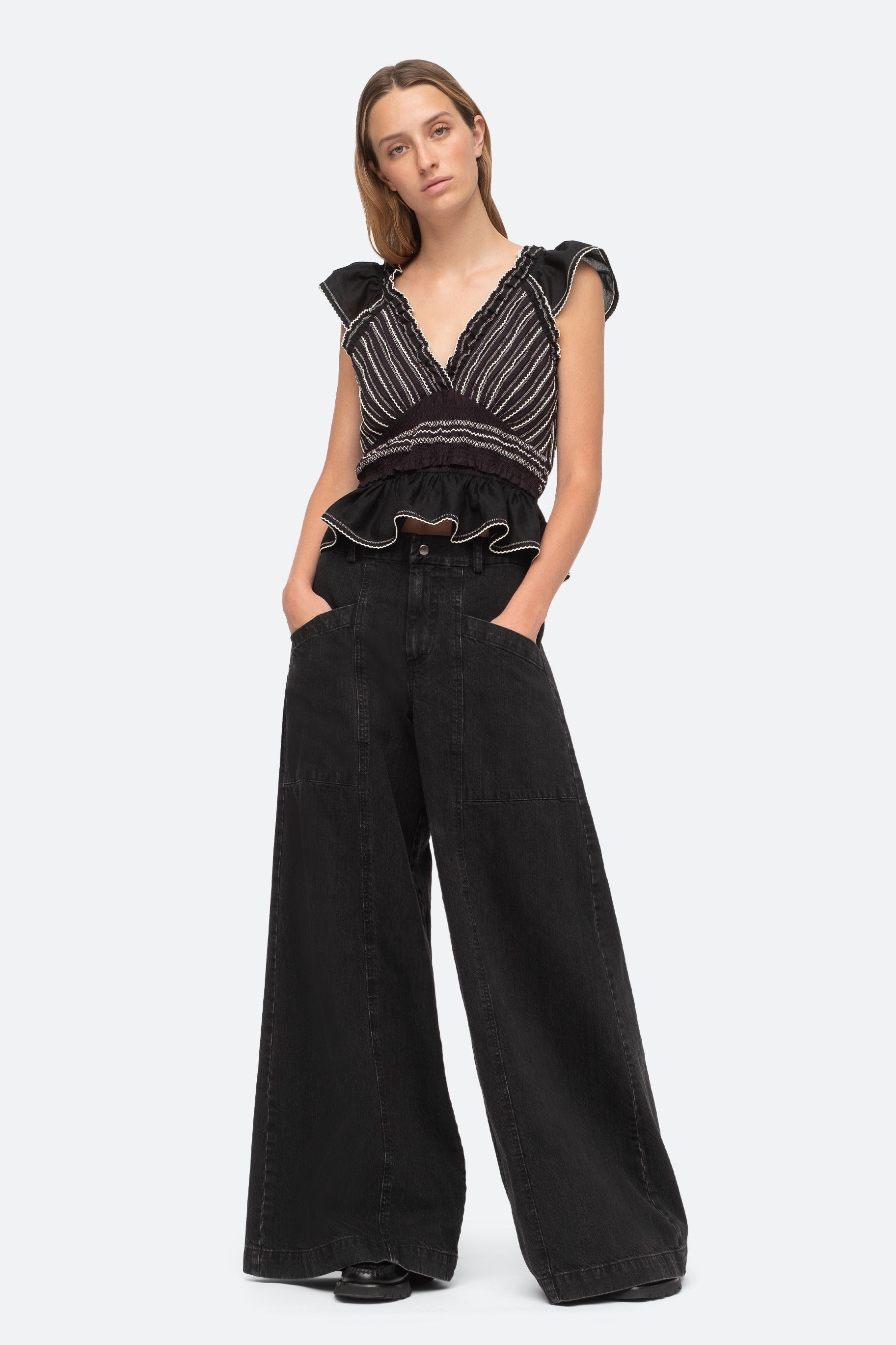 Mable Cambric Flutter Slv Pleated Top