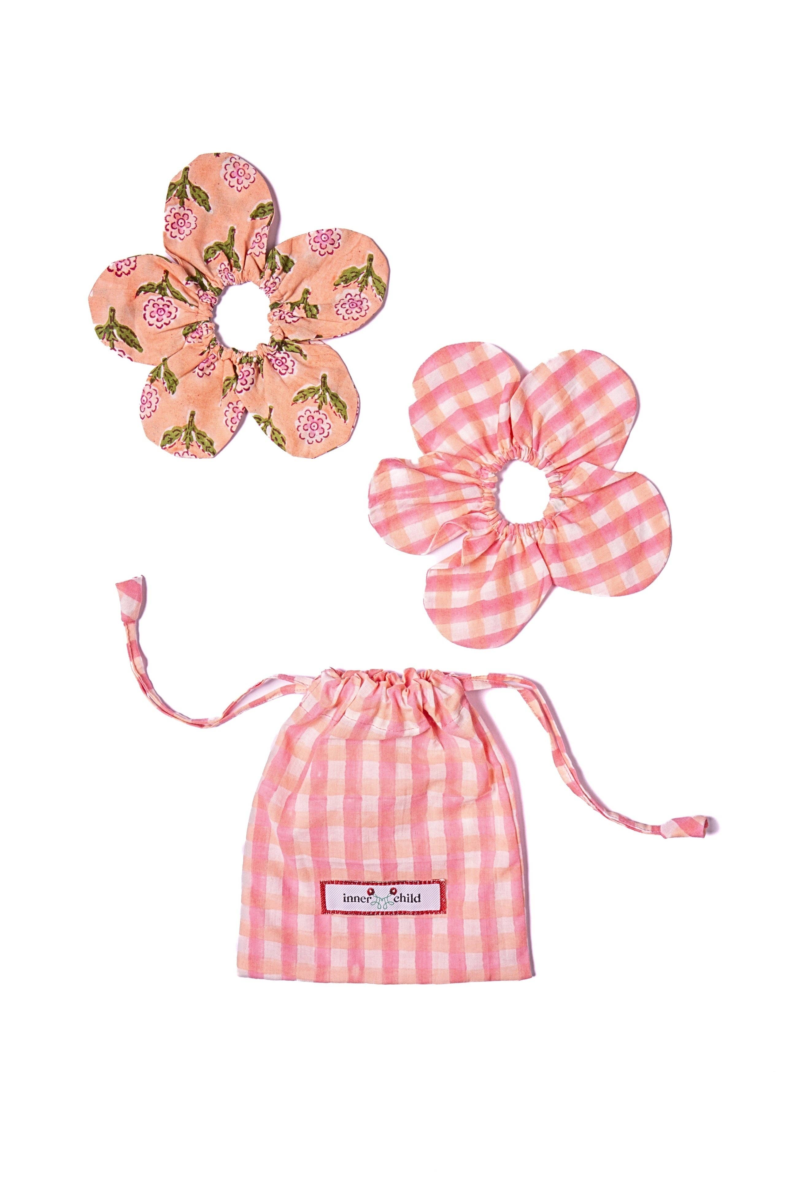 Jaipur Block Print Flower Scrunchie Set in Pink