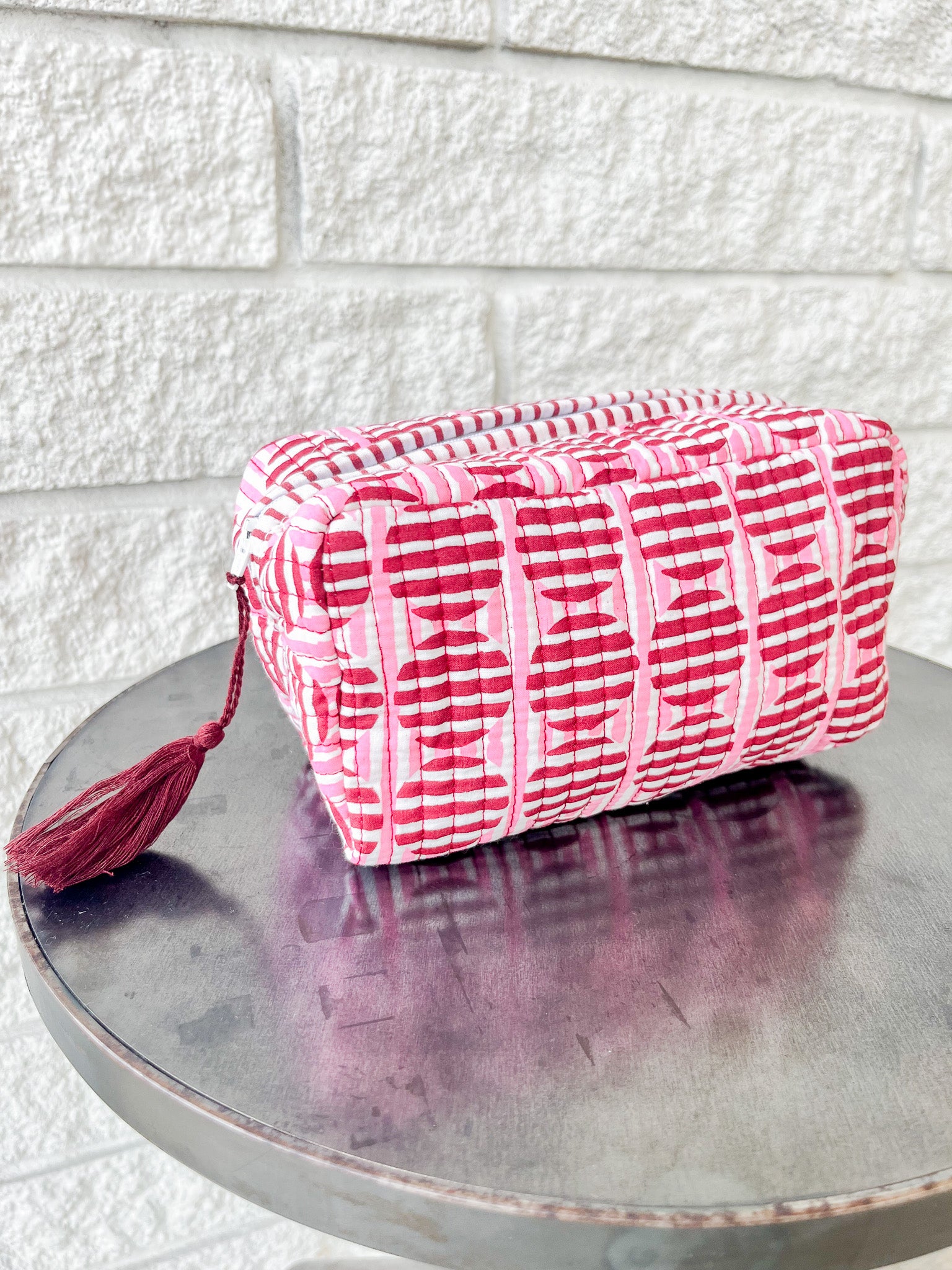 Striped Circles Blockprint Makeup Bag in Burgundy and Pink: Small