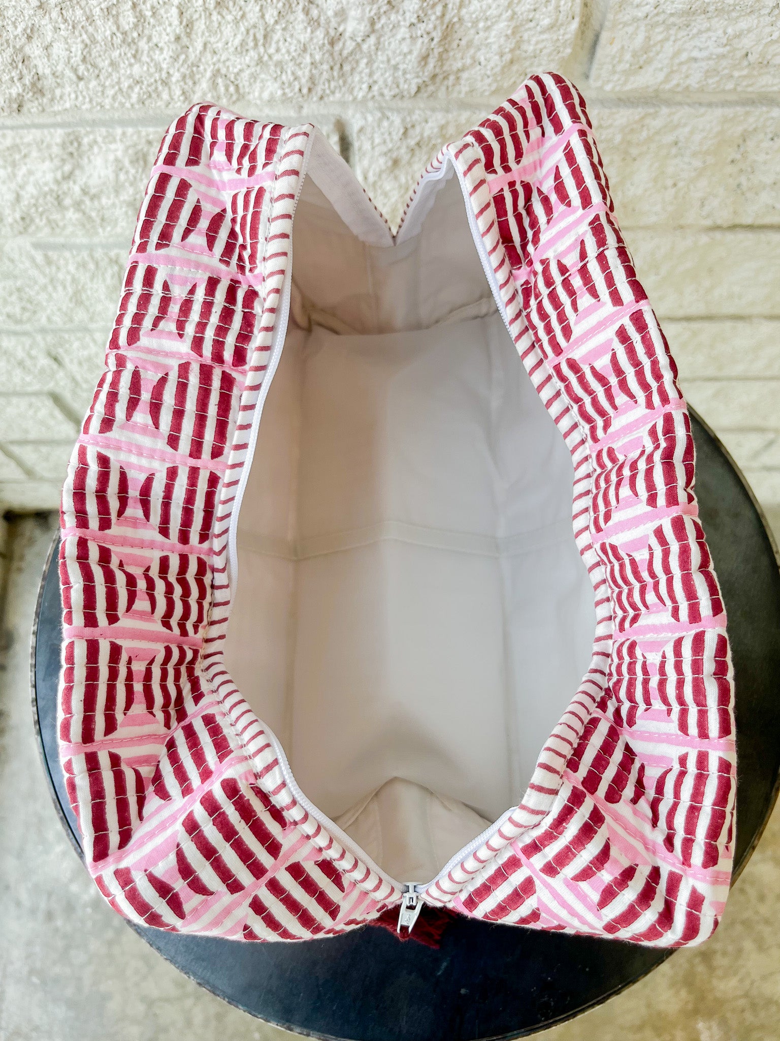 Striped Circles Blockprint Makeup Bag in Burgundy and Pink: Large