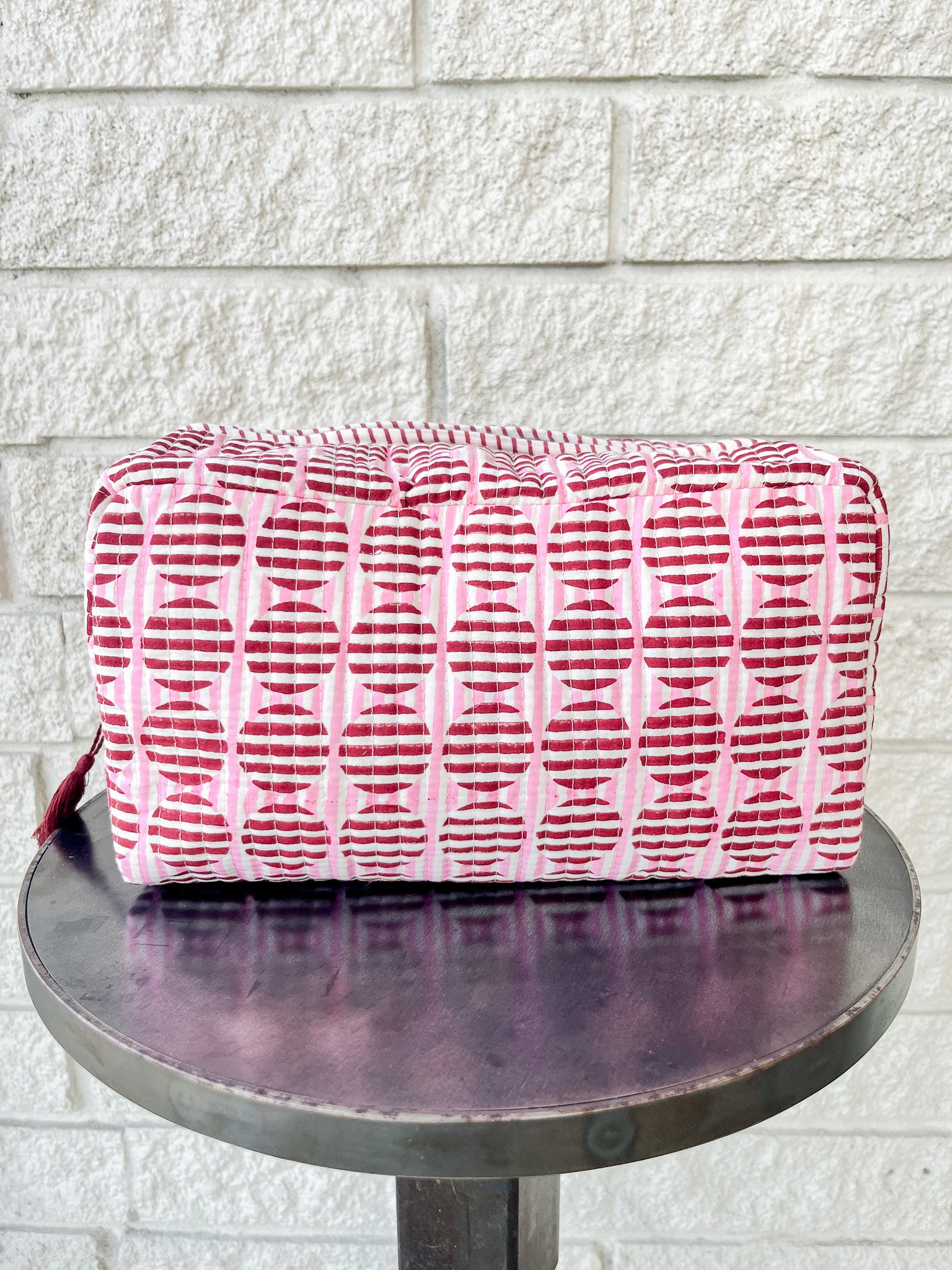 Striped Circles Blockprint Makeup Bag in Burgundy and Pink: Large