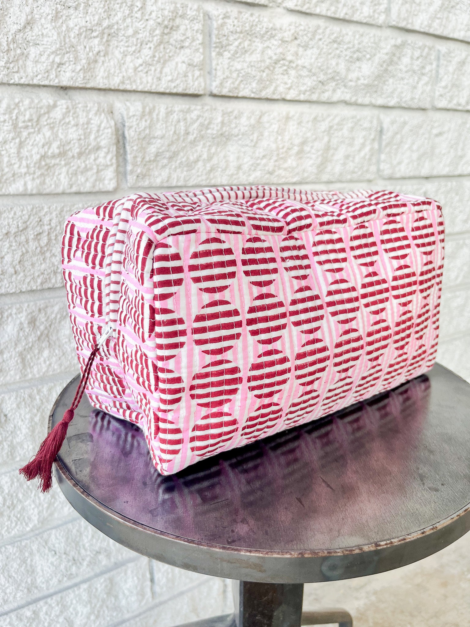 Striped Circles Blockprint Makeup Bag in Burgundy and Pink: Large