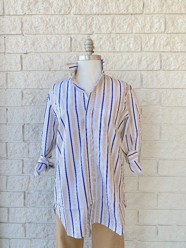 Joedy Button Up Shirt - Navy Double Sand Stripe