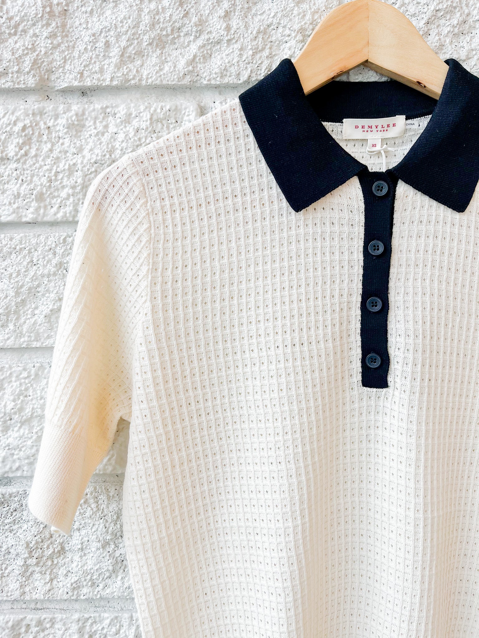 Celia Waffle Pointelle Cotton Polo Top