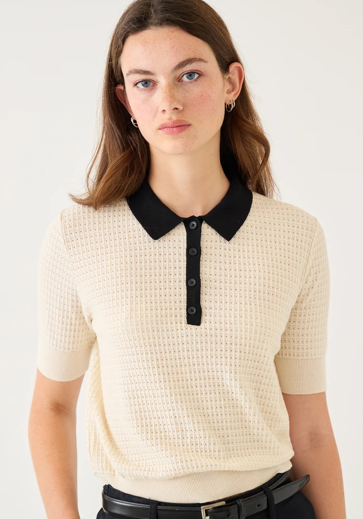 Celia Waffle Pointelle Cotton Polo Top