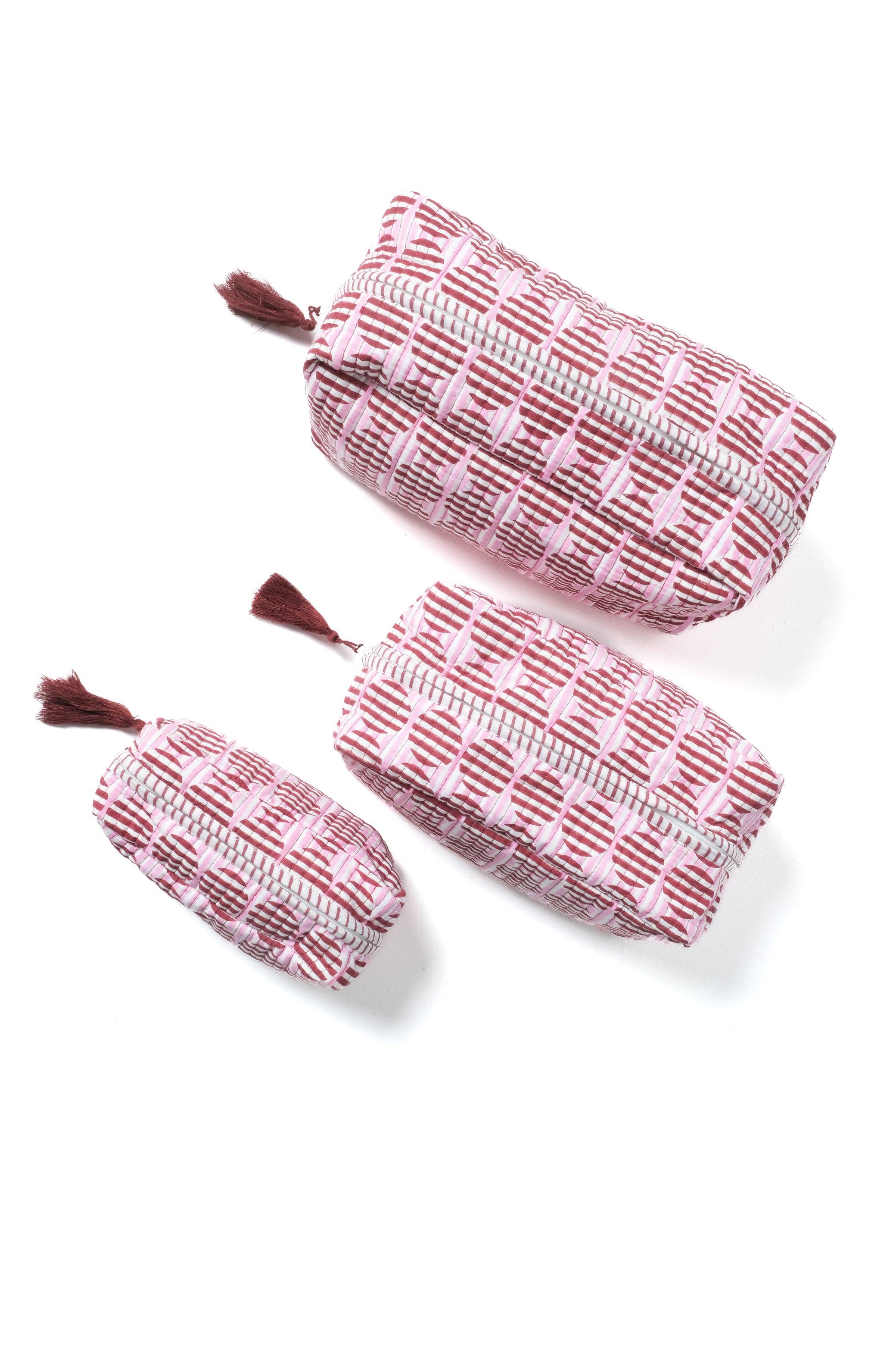 (Available 12/1) Striped Circles Blockprint Makeup Bag in Burgundy and Pink: Small