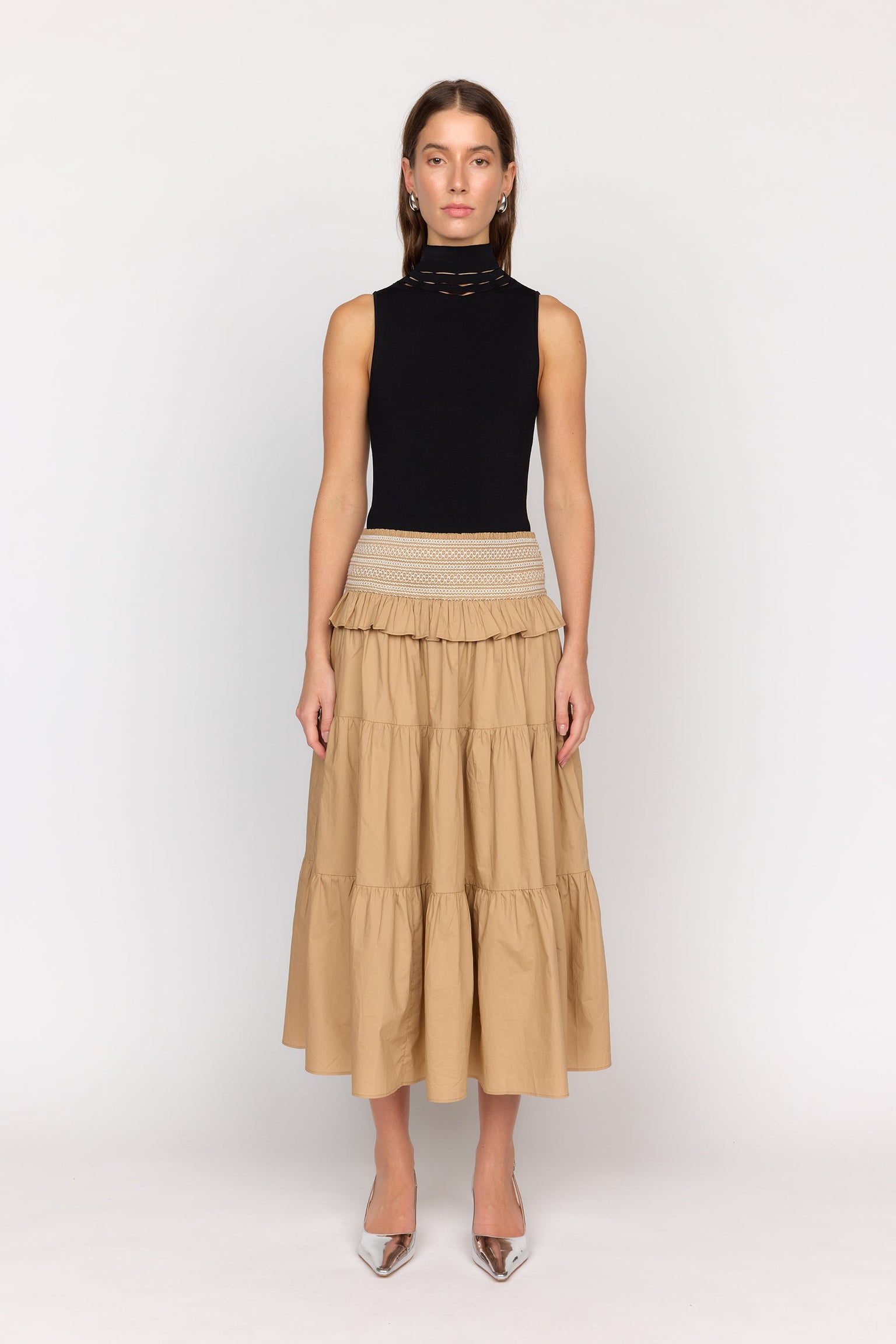 High Waisted Tiered Midi Skirt