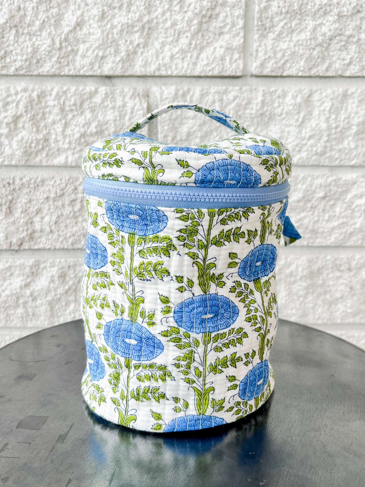 Blue Araminta Round Upright Makeup Bag