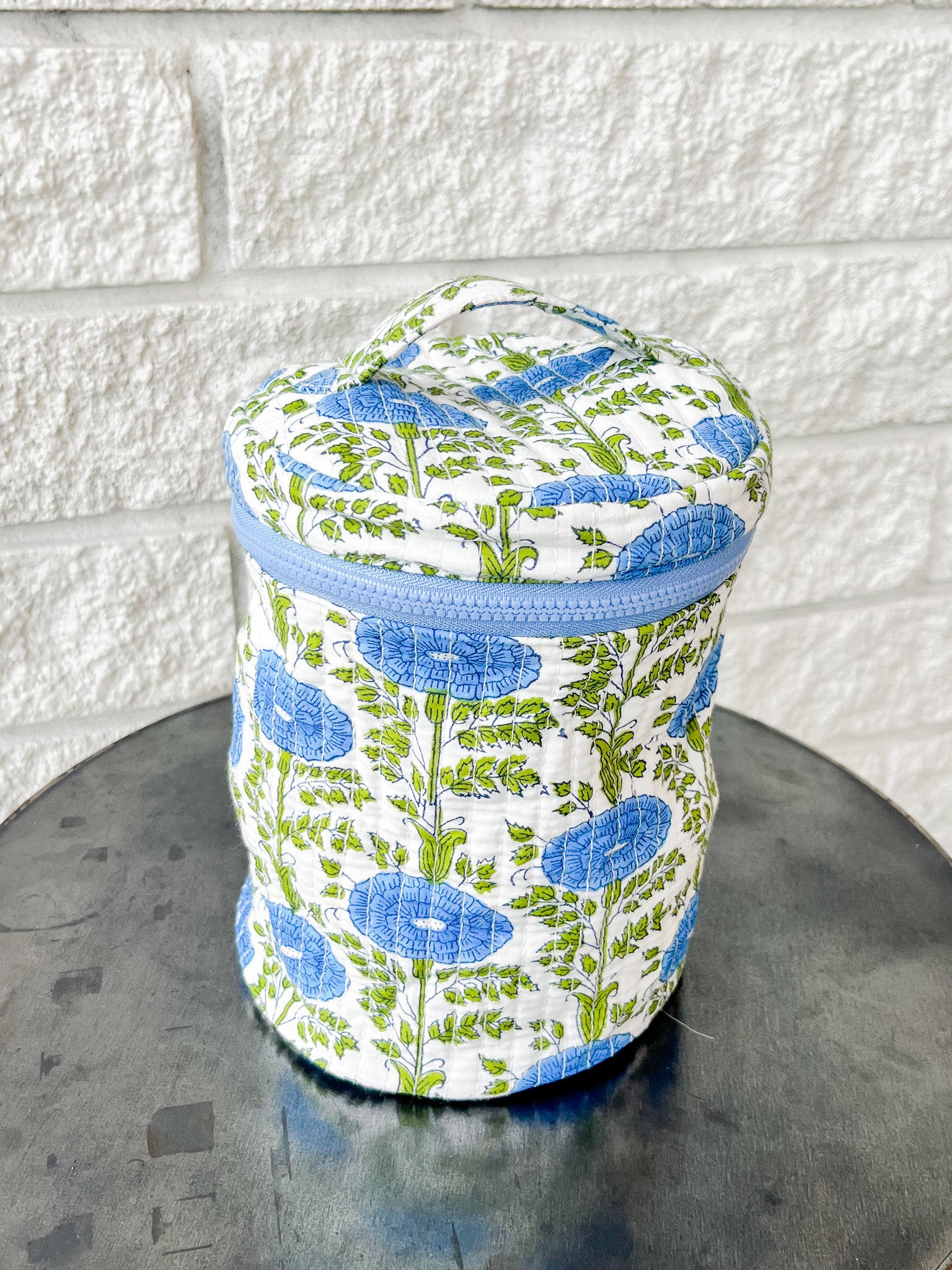 Blue Araminta Round Upright Makeup Bag