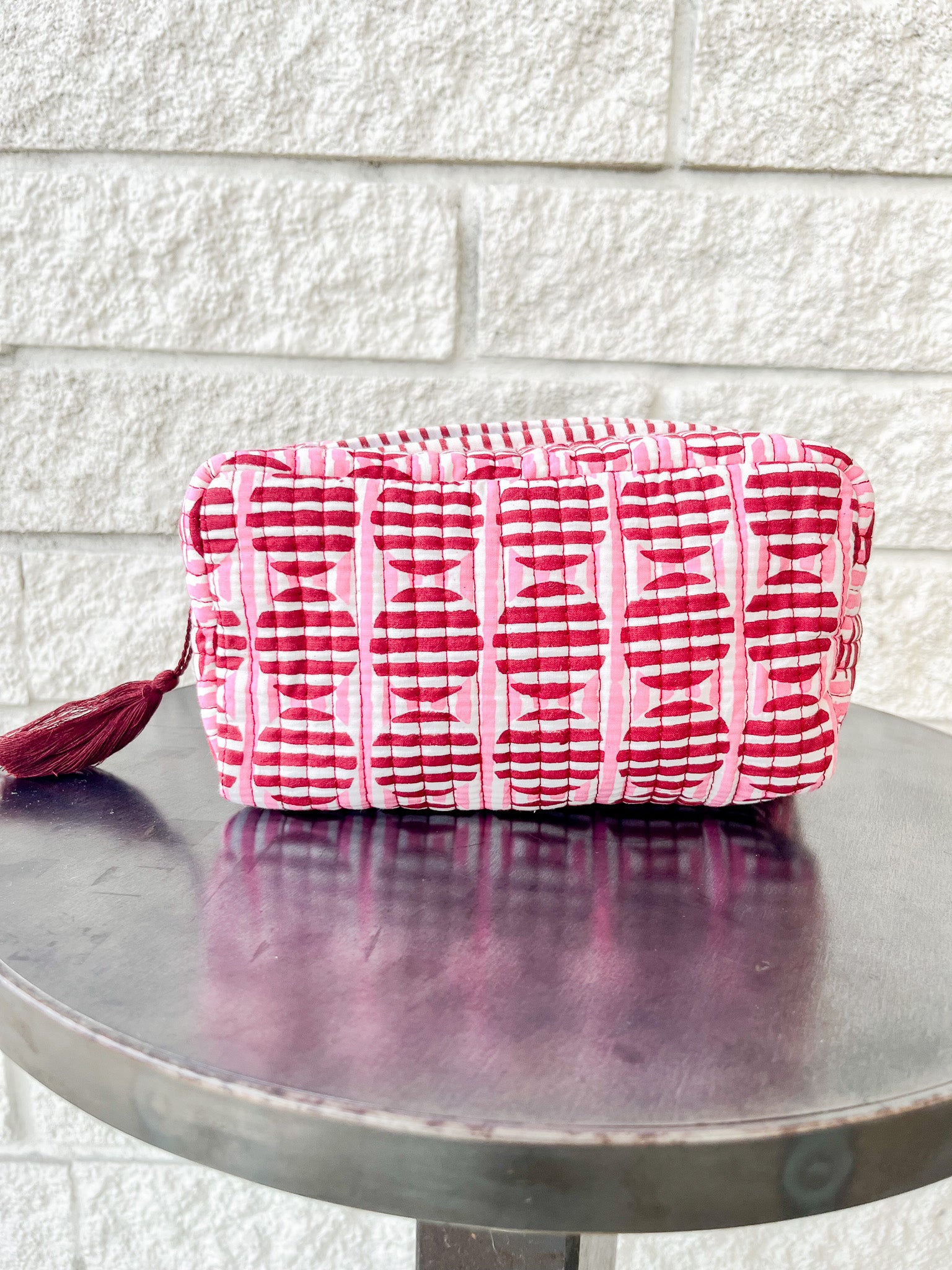 Striped Circles Blockprint Makeup Bag in Burgundy and Pink: Small
