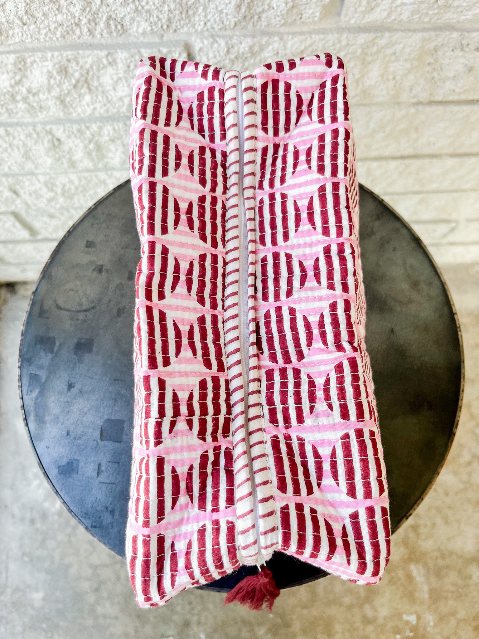 Striped Circles Blockprint Makeup Bag in Burgundy and Pink: Large