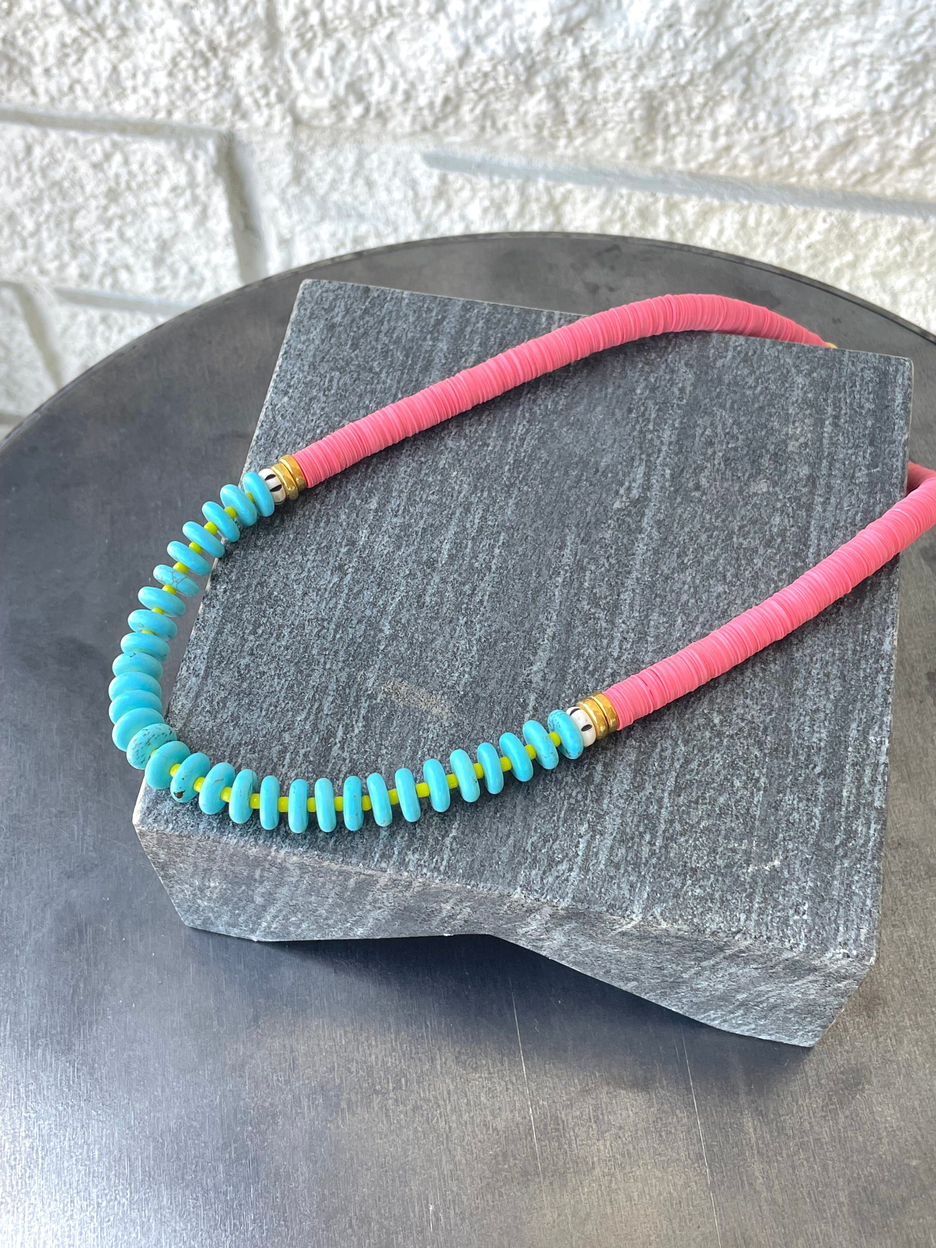 Turquoise and Vinyl Necklace in Hot Pink