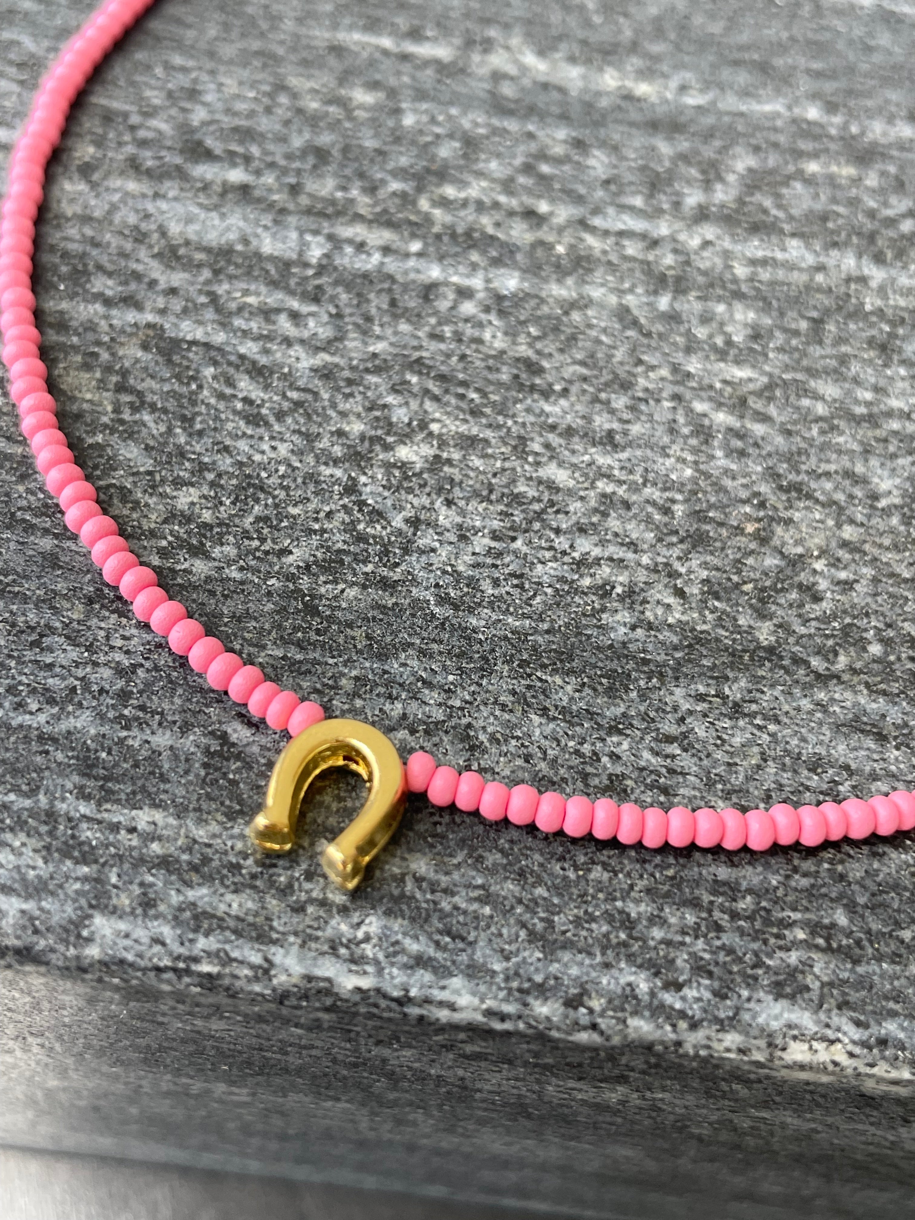 Gold Horseshoe Necklace in Pink