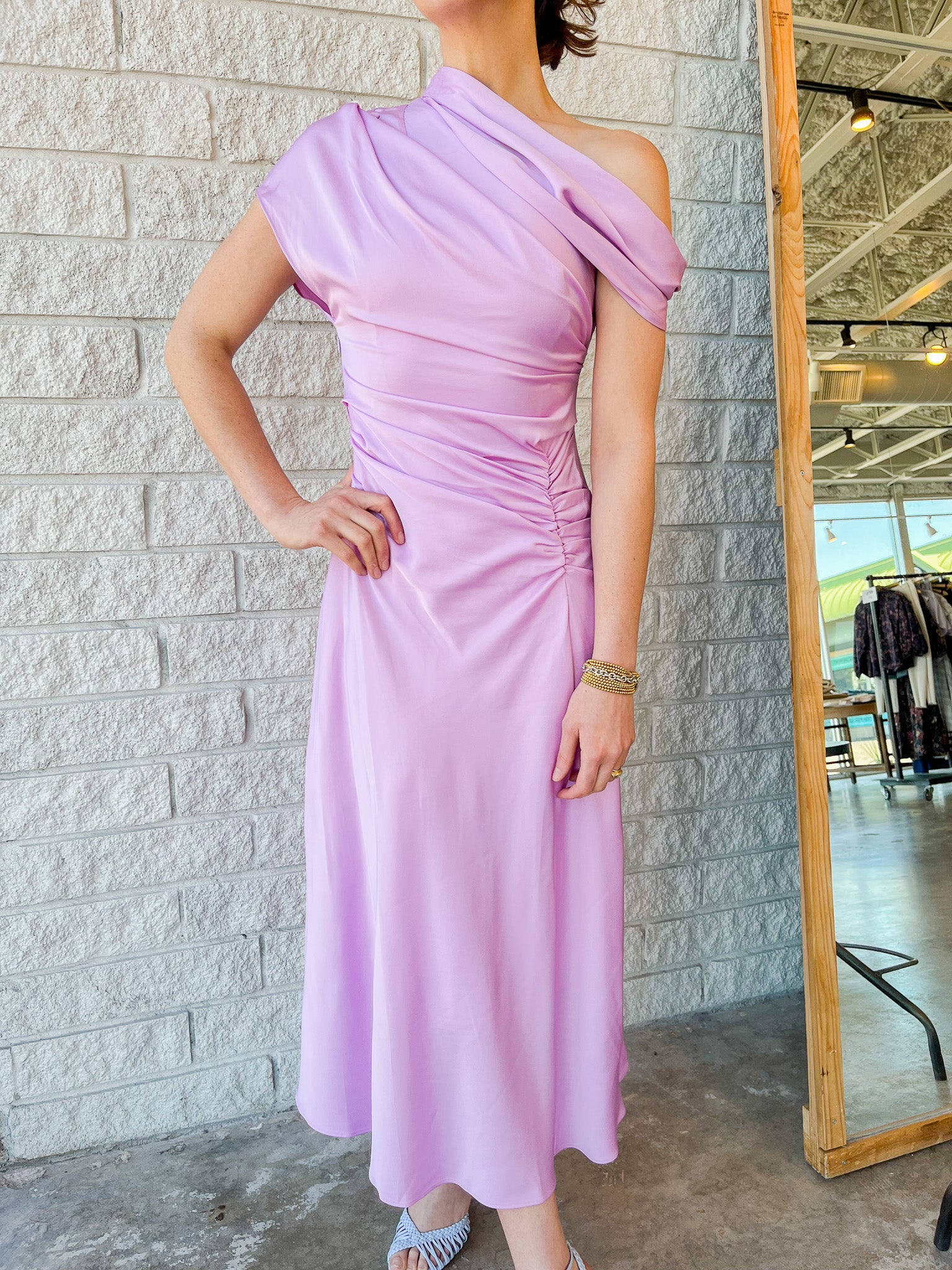 Joanna Asymmetrical Shoulder Midi Dress