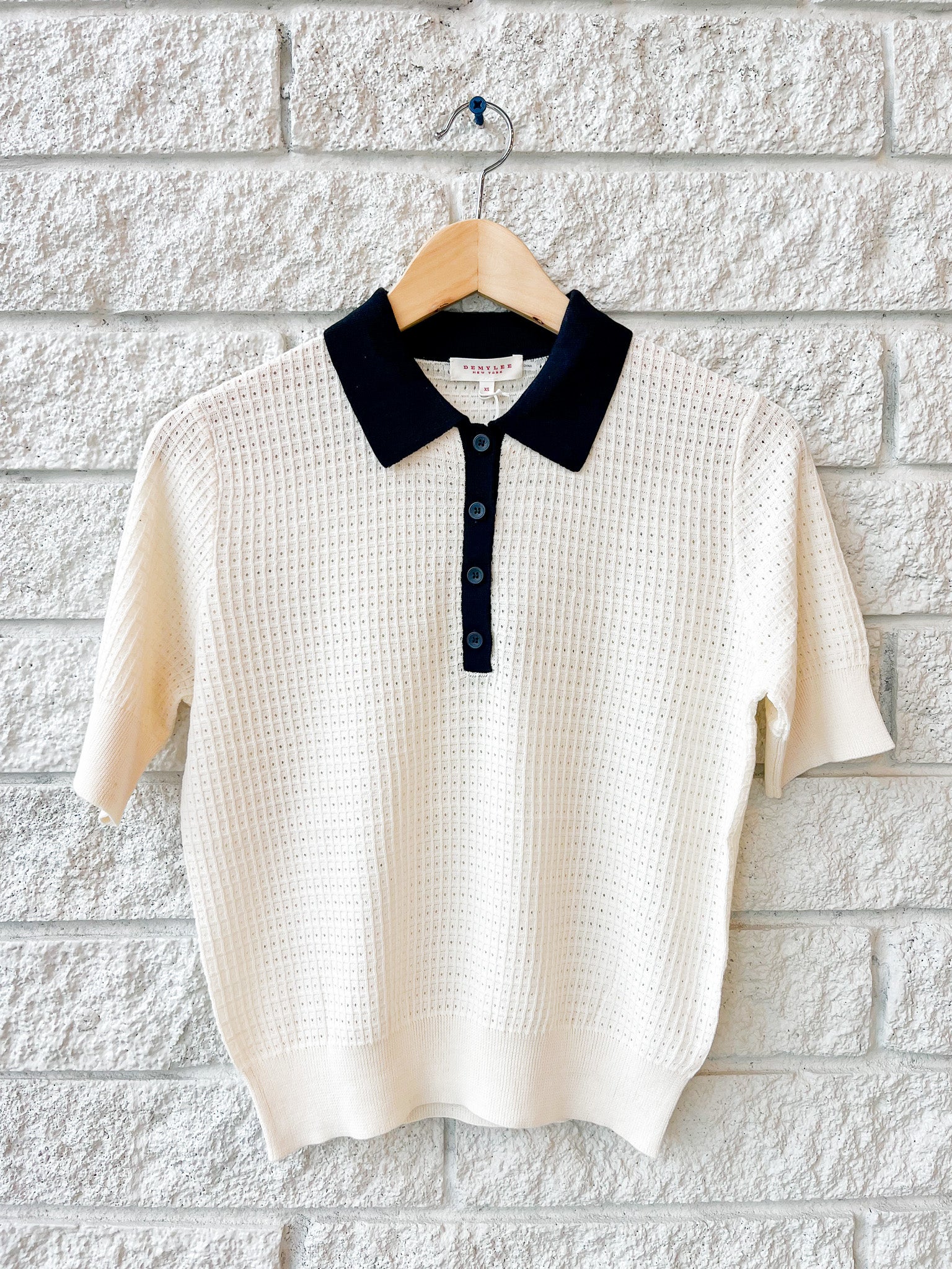 Celia Waffle Pointelle Cotton Polo Top