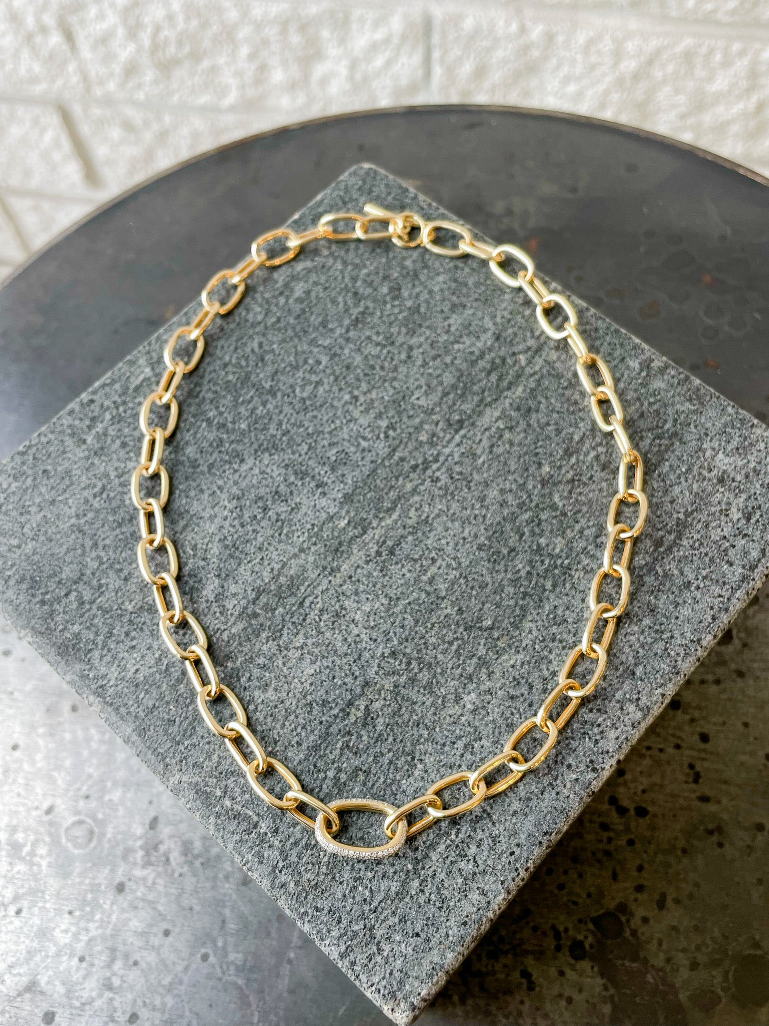 Long Rectangular Chain Necklace with White Pavé Diamond Link