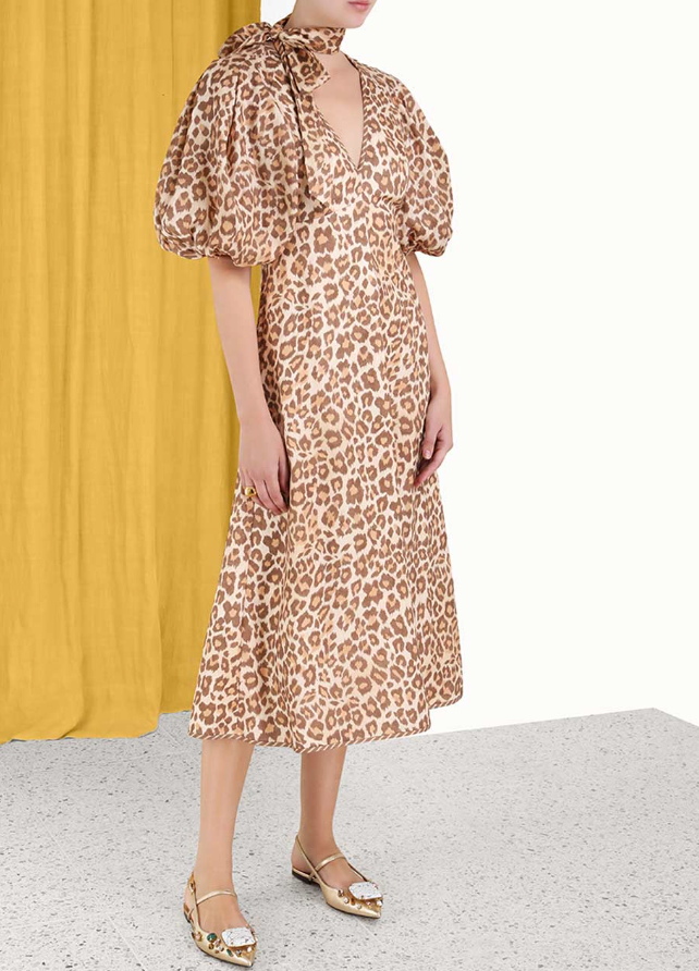 Tie Neck Midi Dress TOFFEE LEOPARD Prefontaine Shop