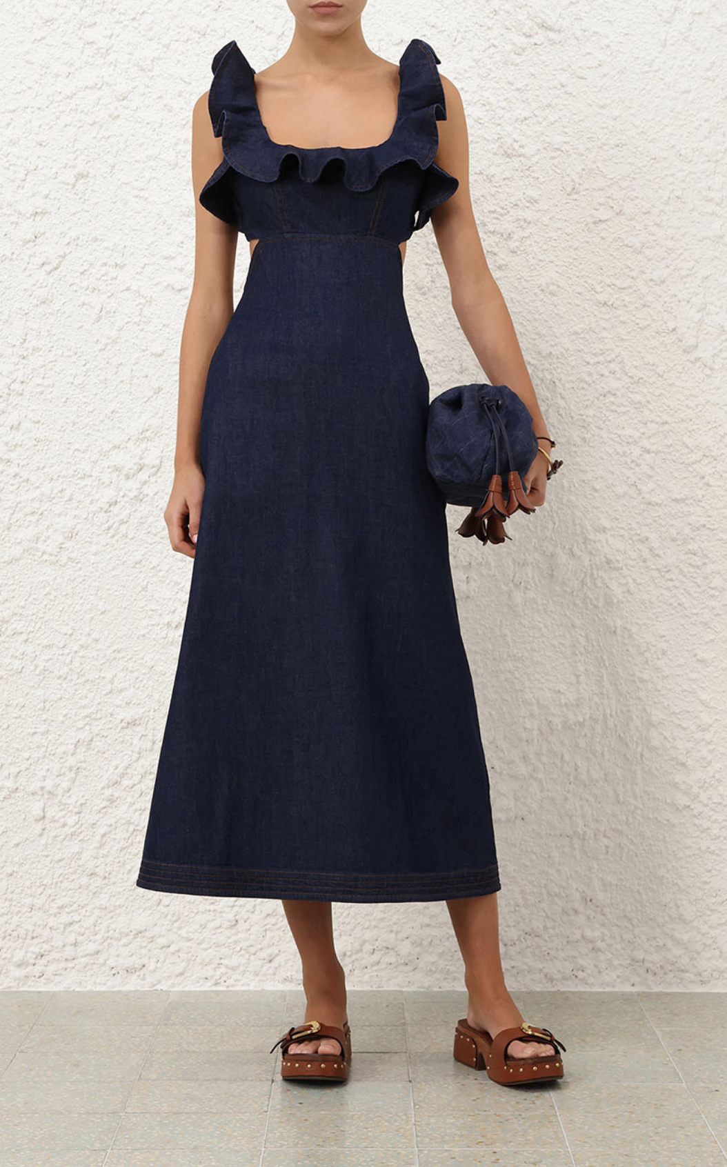 Aster Denim Frill Midi Dress