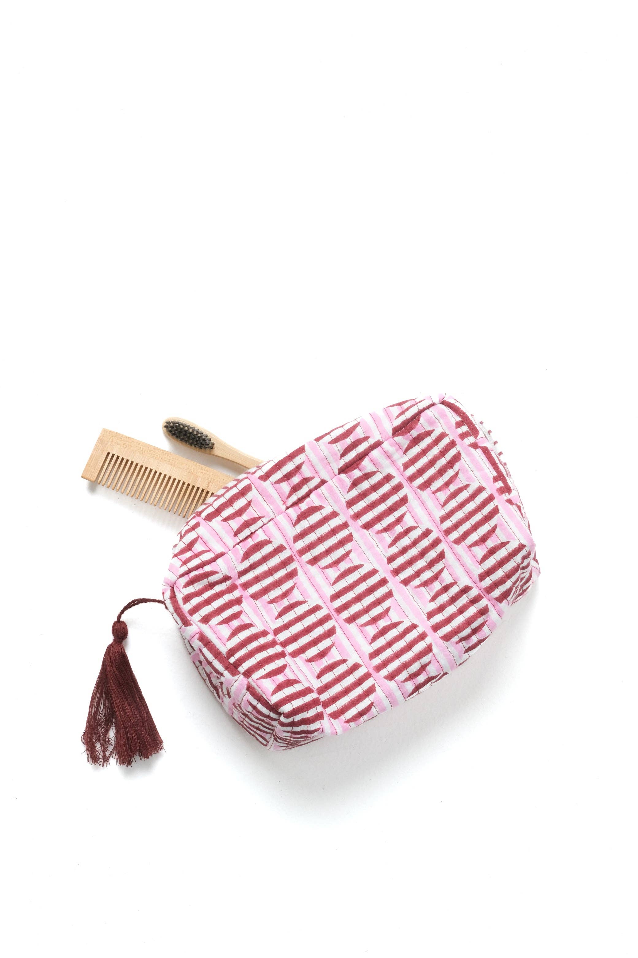 (Available 12/1) Striped Circles Blockprint Makeup Bag in Burgundy and Pink: Small