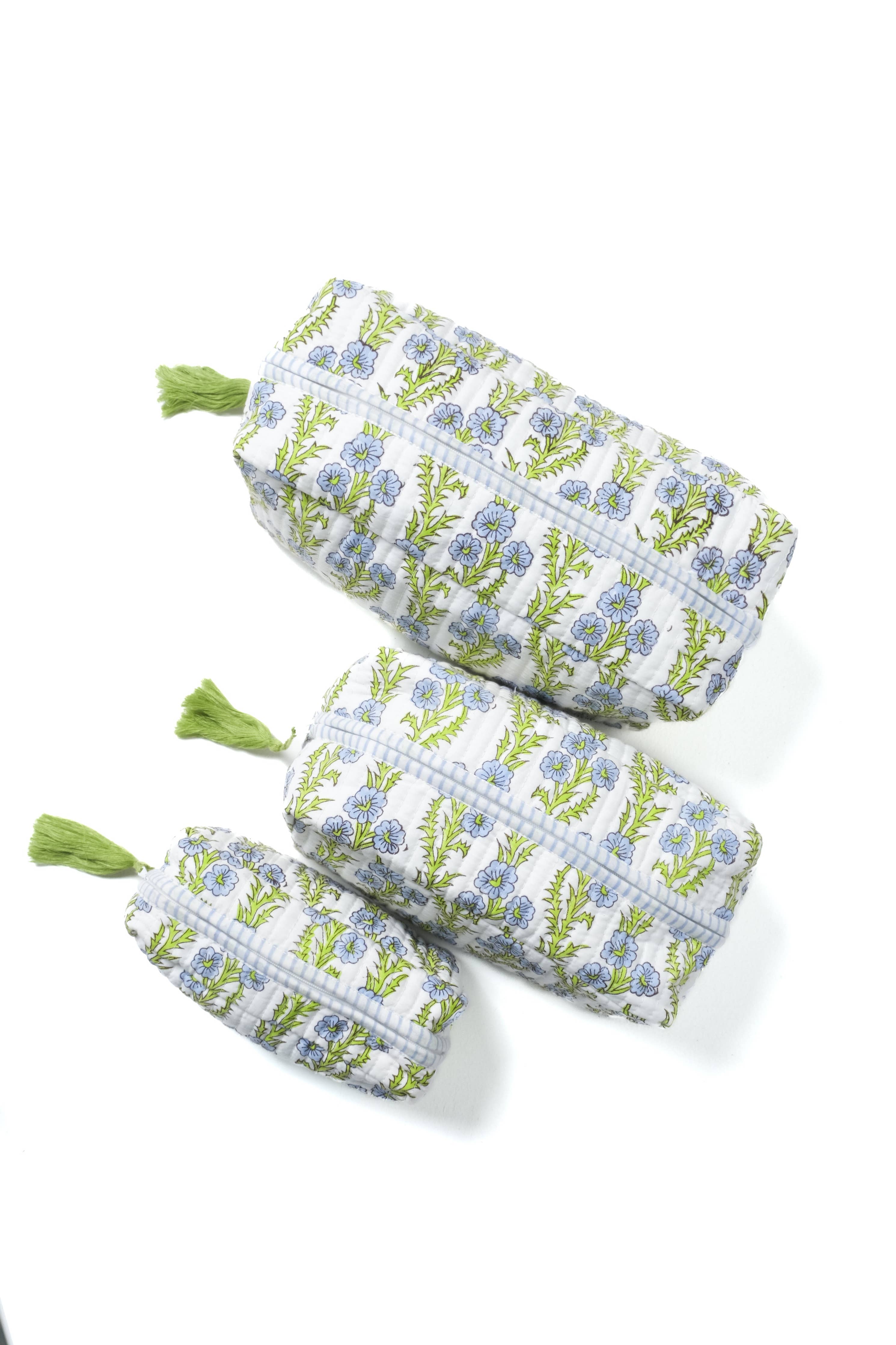 (Available 12/1) Forget-Me-Not Blockprint Makeup Bag in Blue: Medium