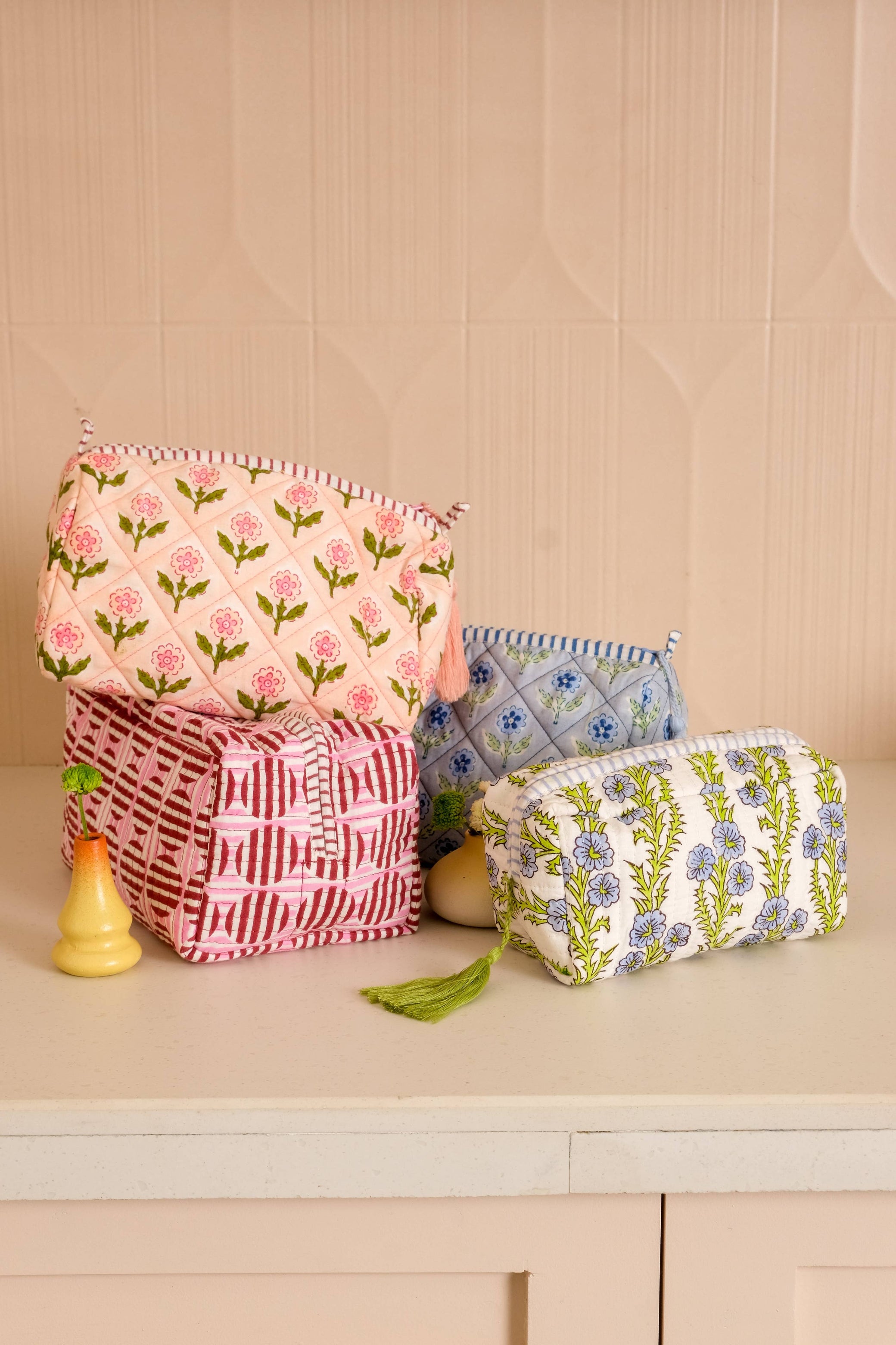 (Available 12/1) Striped Circles Blockprint Makeup Bag in Burgundy and Pink: Small