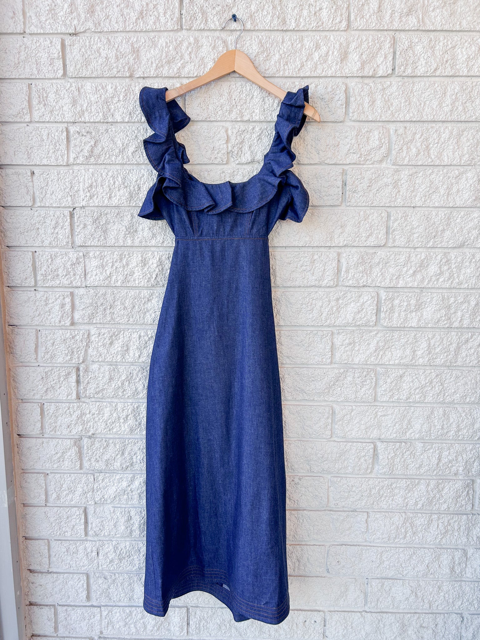 Aster Denim Frill Midi Dress